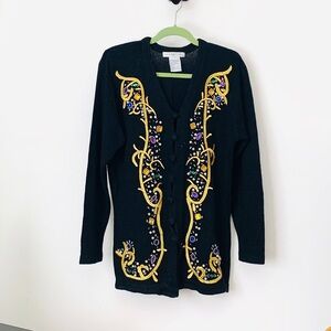 Victoria Jones Woman Black Cardigan with Gold and Purple Embroidery